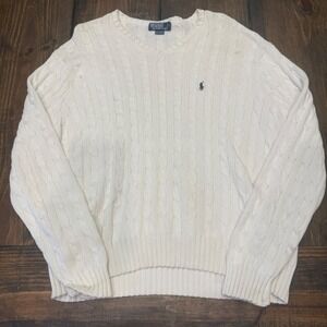 Polo Ralph Lauren Mens XL Cream White 100% Cotton V-Neck Cable Knit Sweater Vtg
